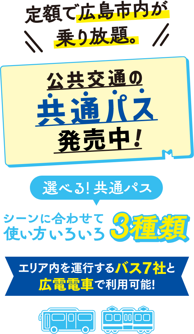 定額で広島市内が乗り放題。公共交通の共通パス 発売中！ 選べる！共通パス シーンに合わせて使い方いろいろ 3種類 エリア内を運行するバス７社と広電電車で利用可能！